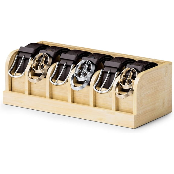 Bamboo Belt Organizer Box,6 Grids Belt Rack, Belt Organizer for Closet and Drawer, Belt Storage Organizer and Displayer, Belt Organizer for Men Women (Natural Bamboo)