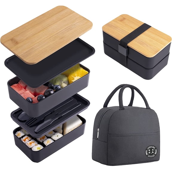 Bamboo Bento Box - Stackable Lunch Container with Dividers & 3-Piece Utensil Set, 19x11x11cm, Black
