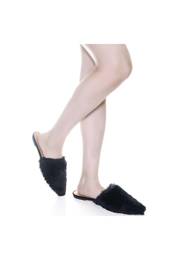 Blog-75 Backless Slip On Faux Fur Mule Flats Women's Pointed Toe Slippers Shoes BLACK 7.5