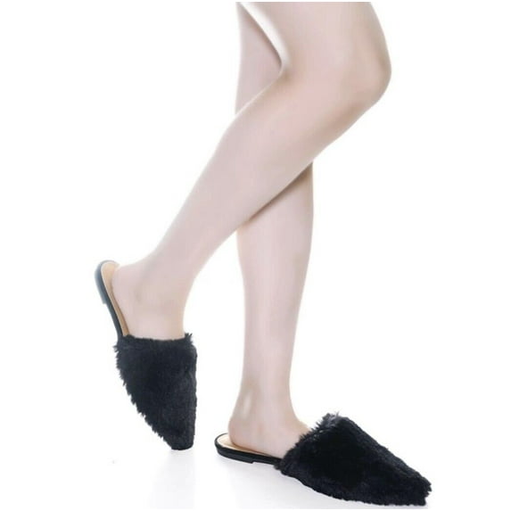 Bamboo Blog-75 Backless Slip On Faux Fur Mule Flats Women's Pointed Toe Slippers Shoes BLACK 7