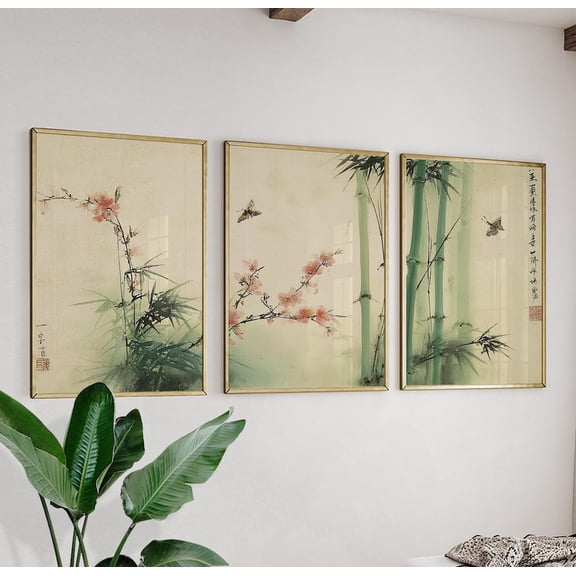 Bamboo Blossom Japanese Art Prints Set 3 Stretched Canvas 12x18
