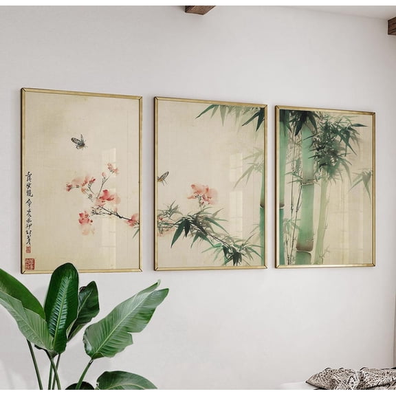 Bamboo Blossom Japanese Art Prints Set 3 Stretched Canvas 16x24