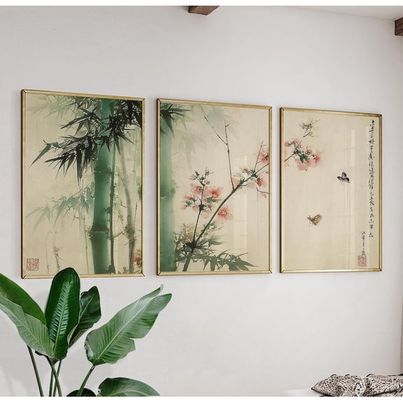 Bamboo Blossom Japanese Art Prints Version 2 Set 3 Stretched Canvas 16x24