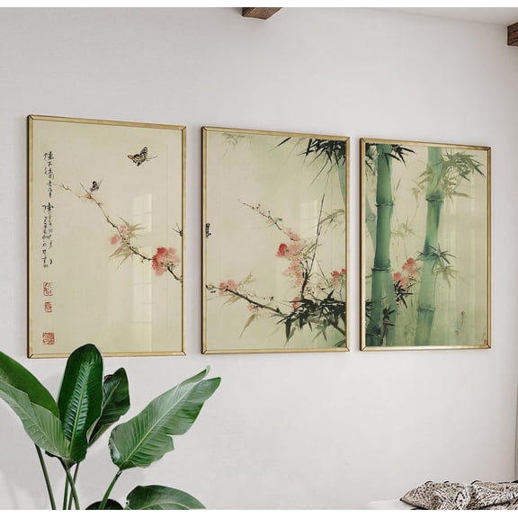 Bamboo Blossom Japanese Art Version Three Set 3 Stretched Canvas 16x24