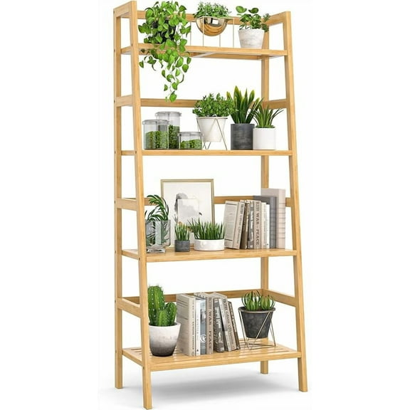 Bamboo Bookshelf 4-Tier Ladder Shelf, 49.2” Freestanding Open Bookcase Book Shelf Bathroom Storage Shelf Unit Plant Stand for Small Space, Bedroom, Living Room, Home Office, Natural
