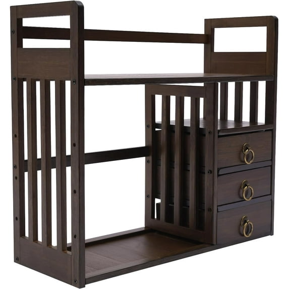 Bamboo Bookshelf, Desktop Organizer Office Desk Rack Storage Shelves, with 3 Drawers, Desktop Shelves Office Shelves for Office Supplies,Makeup, 19.7 * 7.5 * 17.7inch (Nut-Brown)