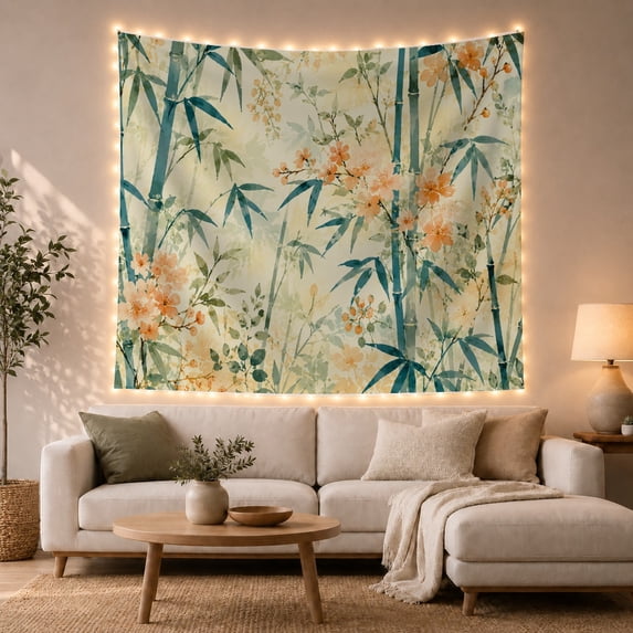 Bamboo Botanical Tapestry with Leaves and Coordinated Floral Designs