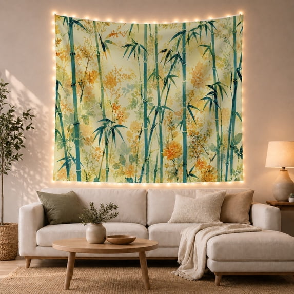 Bamboo Botanical Tapestry with Leaves and Coordinated Floral Designs