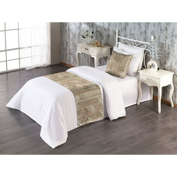Bamboo Branches Bed Runner Set, Simple Forest Leafy Silhouettes in Neutral Colors Boho Print, Decorative Bedding Scarf & a Pillow Sham for Hotels Homes, Twin, Sea Green Dark Mustard, by Ambesonne