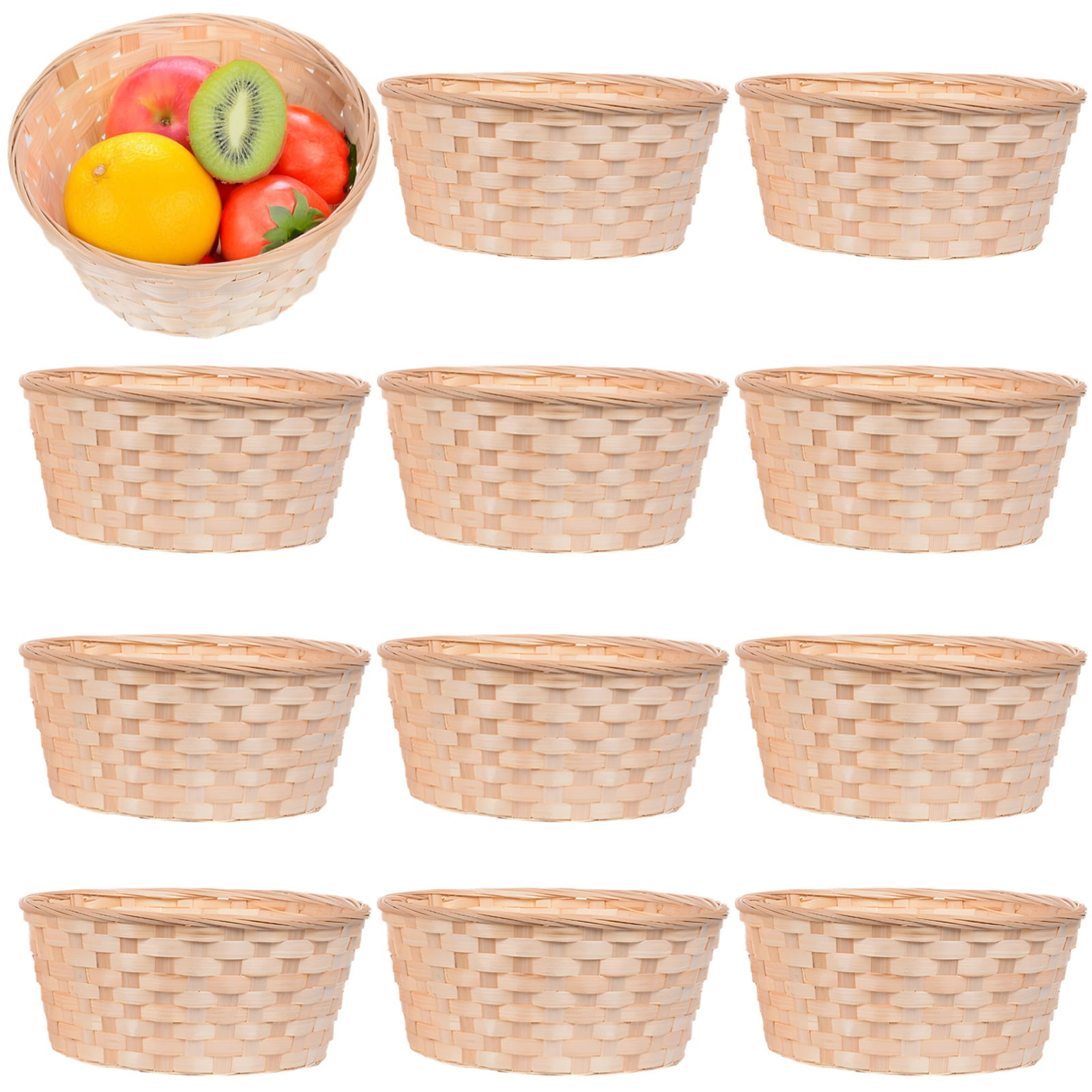 Bamboo Bread Baskets for Serving, 12 Pcs Handwoven Fruit Storage Baskets, Round Design, Serving Basket for Picnic, Dining Table, Snacks, Fruit Display, 7.1 x 2.8 in