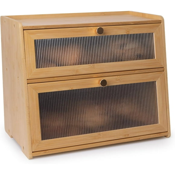 Bamboo Bread Box 2 Tiered for Kitchen Counter-Large Capacity Wood Bread Basket Storage Container Bread Box with Window Bread Holder with Shelf
