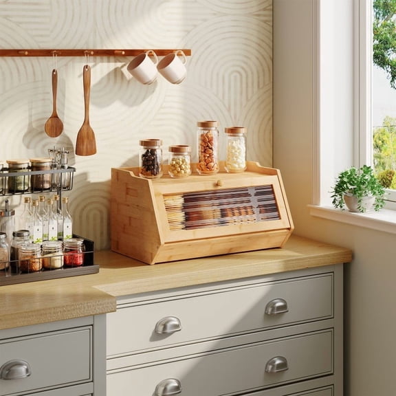 Bamboo Bread Box with Acrylic Window & Drop-Down Door, Farmhouse Kitchen Storage Cabinet with Lower Shelf, Natural Bread Holder for Countertop, Moisture-Resistant & Durable Design
