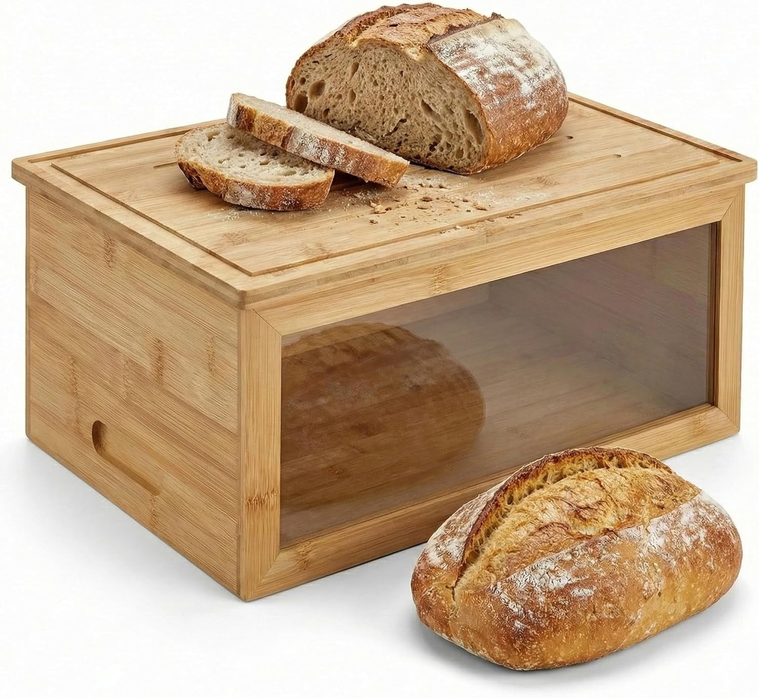 Bamboo Bread Box with Cutting Board Lid – Large Wooden Kitchen Countertop Storage Bin for Loaves and Pastries – Clear Acrylic Window Display – 15.4 x 9.9 Inch