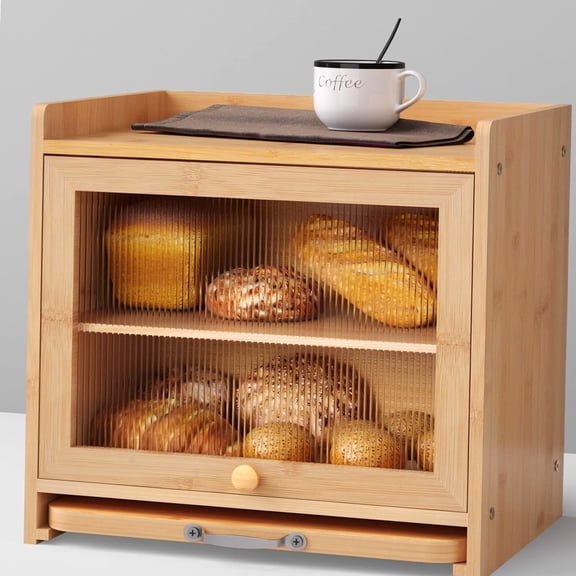 Bamboo Bread Box, Double Layer Cutting Board 31.55 Liters, Natural