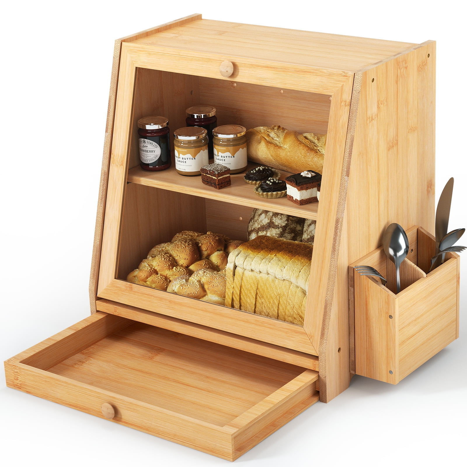 ShiYuan TQVAI Natural Bamboo 2 Layer Large Bread Box for Kitchen