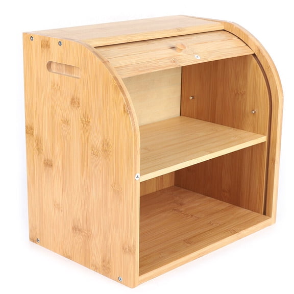 Bamboo Bread Box for Kitchen Counter  2 Layer Large Bread Keeper with Roll Top Door, Adjustable & Removable Shelf for Pastries Bagels Donuts, 15"9.8"14.5" Natural Wood Food Storage Container