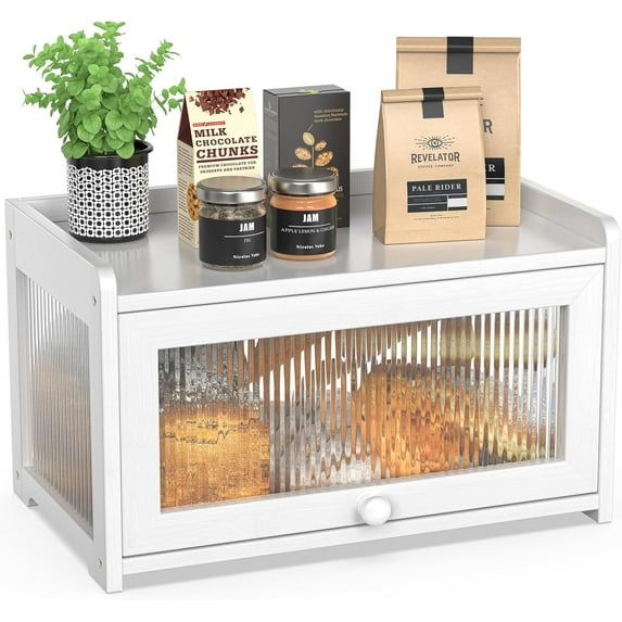 Bamboo Bread Box for Kitchen Counter, Large Capacity Bread Storage Container Farmhouse Bread Box with 3 Sides Wavy & Back Clear Window, Breadbox Bread Bin Holder for Homemade Bread, White