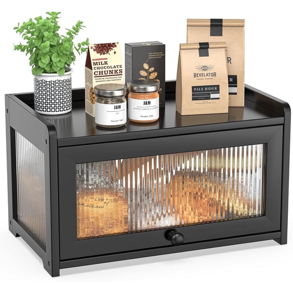 Bamboo Bread Box for Kitchen Counter, Large Capacity Bread Storage Container Farmhouse Bread Box with 3 Sides Wavy & Back Clear Window, Breadbox Bread Bin Holder for Homemade Bread, Black