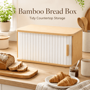 Bamboo Bread Box for Kitchen Countertop, Bread Storage Bin with Sliding Door, Wooden Handle, Compact Organizer for Loaves, Bagels, Pastries and Snacks, White