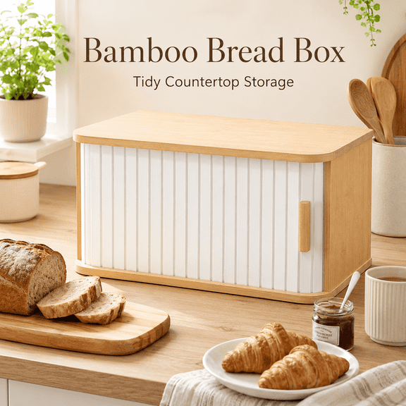 Bamboo Bread Box for Kitchen Countertop, Bread Storage Bin with Sliding Door, Wooden Handle, Compact Organizer for Loaves, Bagels, Pastries and Snacks, White