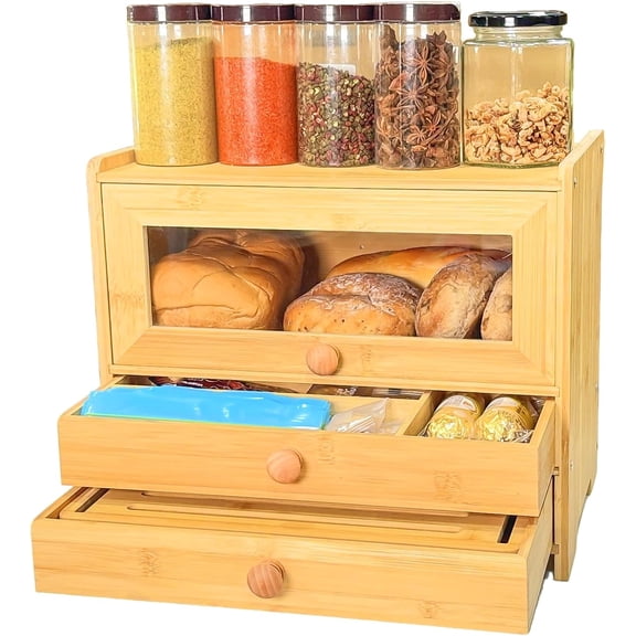 Bamboo Bread Box for Kitchen Countertop & Dining Room,Wooden Storage with Display Compartment & Built-in Bread Slicer,Eco-Friendly Organizer for Homemakers, Bakers & Bread Lovers