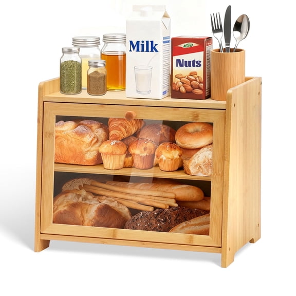 Bamboo Bread Box for Kitchen Countertop, Double Layer Bread Storage Container Farmhouse Bread Organizer Bin with Acrylic Window Bread Holder for Cabinet, Pantry, Cupboard(Brown)