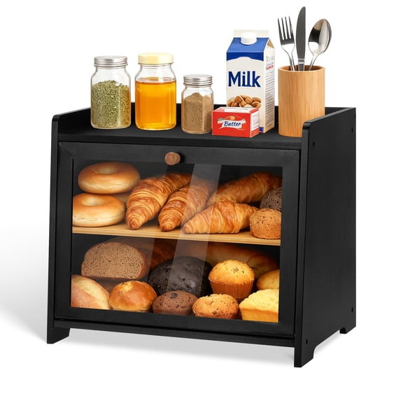 Bamboo Bread Box for Kitchen Countertop, Double Layer Bread Storage Container Farmhouse Bread Organizer Bin with Acrylic Window Bread Holder for Cabinet, Pantry, Cupboard(Black)