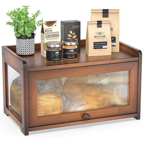 Bamboo Bread Box for Kitchen Countertop, Extra Large Farmhouse Bread Box with 4-Side Clear Panels, Wooden Bread Storage Container for Homemade Bread, Amber