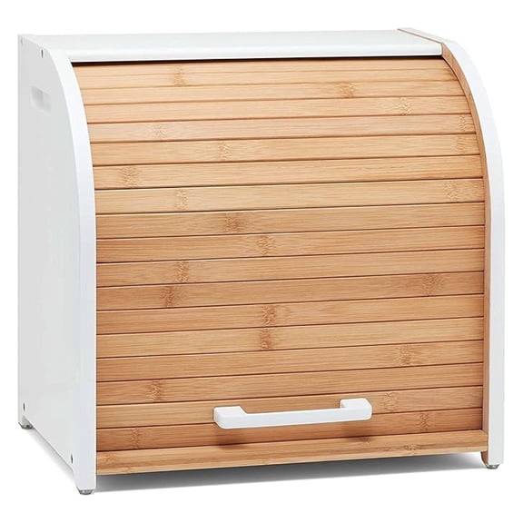 Bamboo Bread Box for Kitchen Countertop - HOMEFULLY Double Layer Bread Keeper Roll Top - Extra Large Wooden Bread Bin for Bread Storage - Modern Farmhouse Style (White)