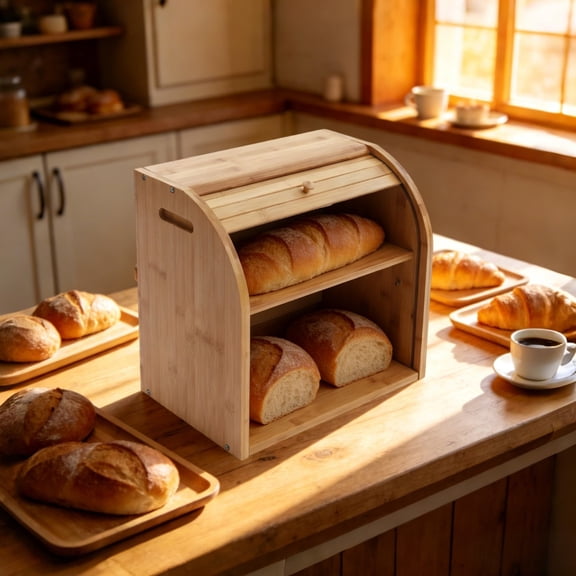 Bamboo Bread Box for Kitchen Countertop - Large 2-Tier Roll Top Bread Storage Container with Bread Clamp, Adjustable Removable Shelf, 11 lbs Load Capacity, Wooden Bread Bin