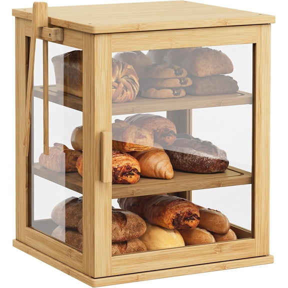 Bamboo Bread Box for Kitchen Countertop, Large 3 Layers Bread Storage Container for Homemade Bread with Window, Farmhouse Breadbox Organizer for Kitchen, Cabinet, Pantry (Natural, Extra Large)