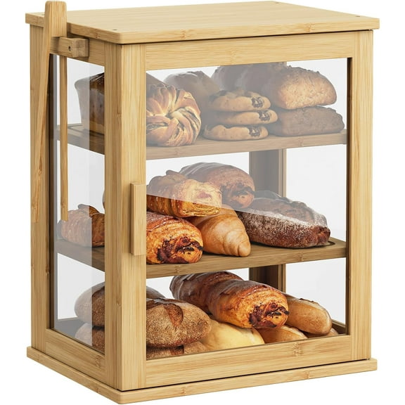 Bamboo Bread Box for Kitchen Countertop, Large 3 Layers Bread Storage Container for Homemade Bread with Window, Farmhouse Breadbox Organizer for Kitchen, Cabinet, Pantry (Natural, Meduim)