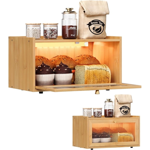 Bamboo Bread Box with Led Light for Kitchen Counter Large Capacity Bread Storage Container Kitchen Countertop Organizer with Window Bread Holder (Natural Bamboo)
