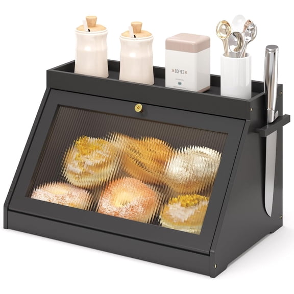 Bamboo Bread Box with Shelf for Kitchen Counter-Large Capacity Bread Storage Container with Wavy Arcylic Transparent Door Bamboo Wooden Farmhouse Bread Box for Your House (Black)