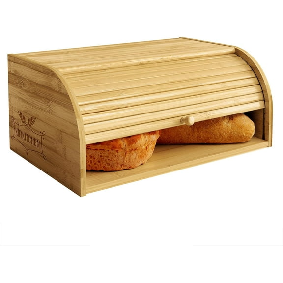 Bamboo Bread Box Space Saving Rustic Roll-Top Bread Bin for Countertop - Store Bread Cake and Baked Goods - 15 x 9.8 inches (Sliding door)