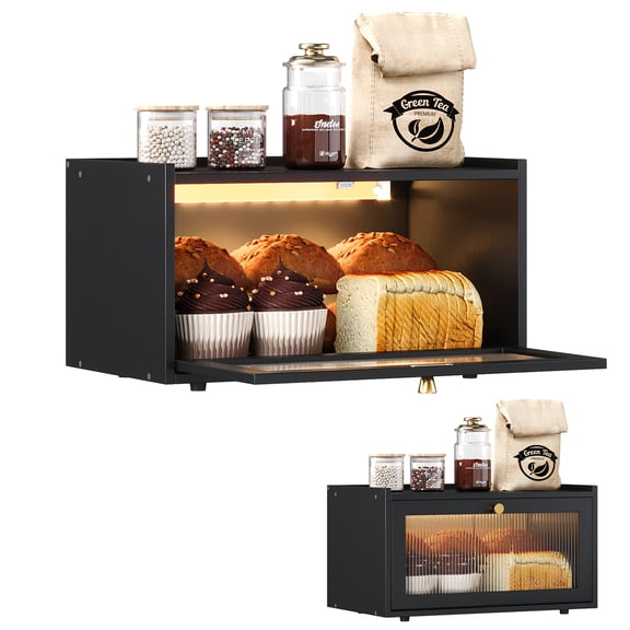 Bamboo Bread Box for Kitchen Counter with LED Light and Window Door, Large Capacity Bread Storage Container & Countertop Organizer, Black