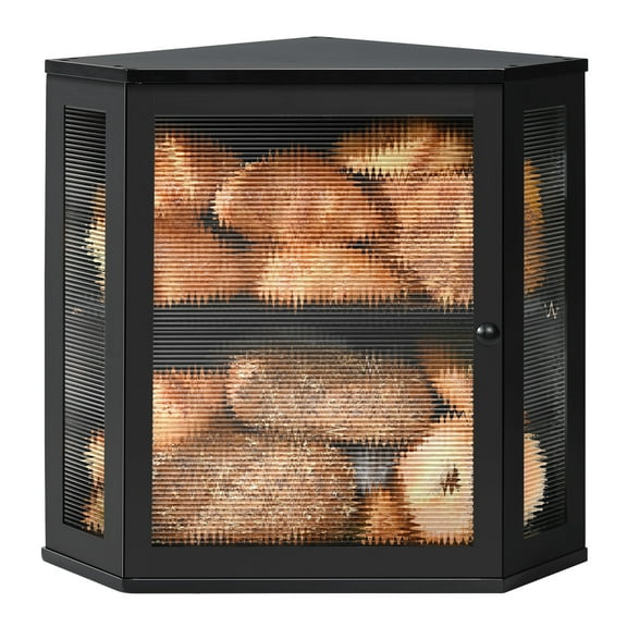 Bamboo Bread Box for Kitchen Countertop, Double Layer Bread Container, Bread Storage with Acrylic Wavy Door Panel, Black, Large