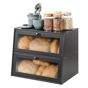 Bamboo Bread Box for Kitchen Countertop, Double Layer Bread Container, Bread Storage with Acrylic Wavy Door Panel, Black
