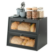 Bamboo Bread Box for Kitchen Countertop, Double Layer Bread Container, Bread Storage with Acrylic Wavy Door Panel, Black