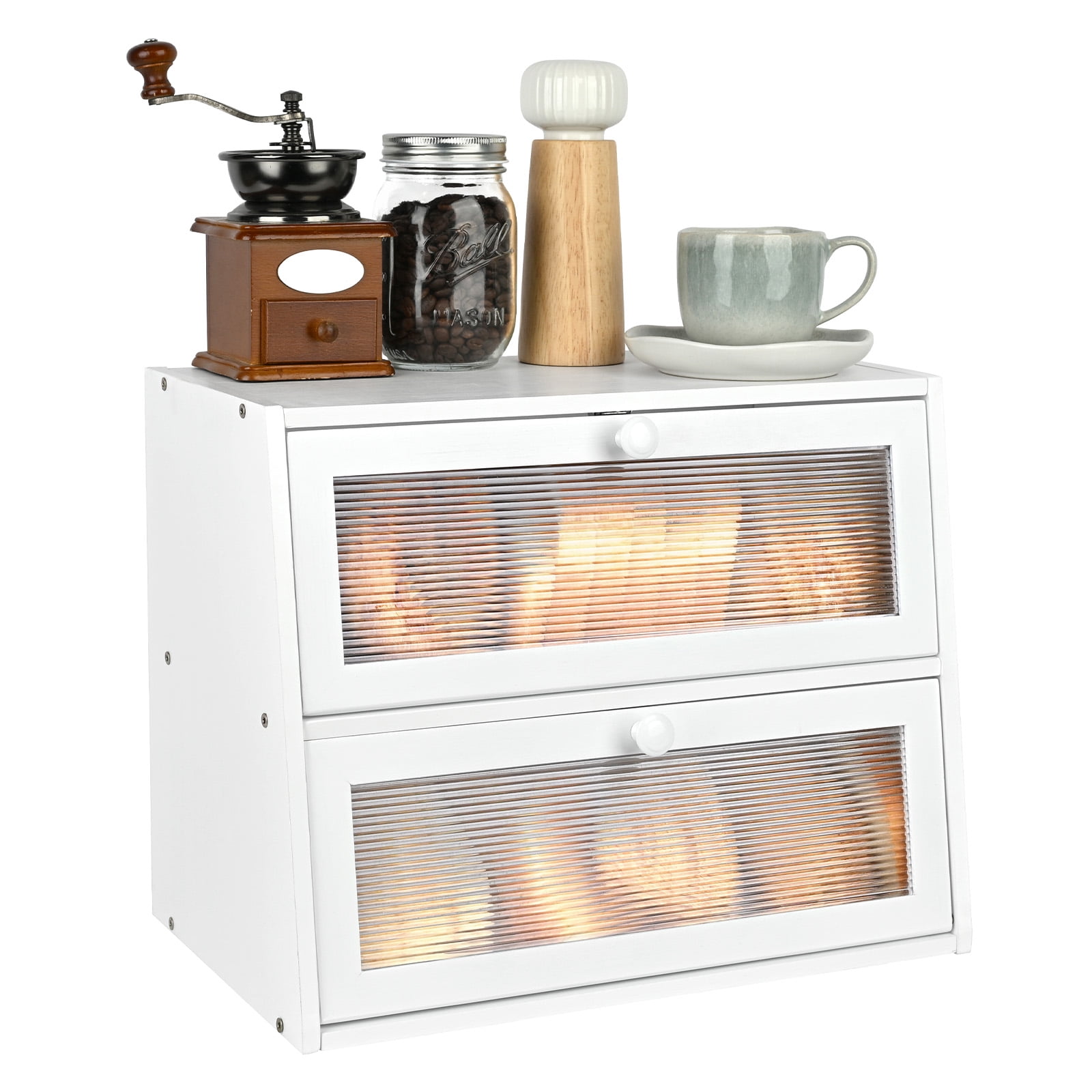 Bamboo Bread Box for Kitchen Countertop, Double Layer Bread Container, Bread Storage with Acrylic Wavy Door Panel, White