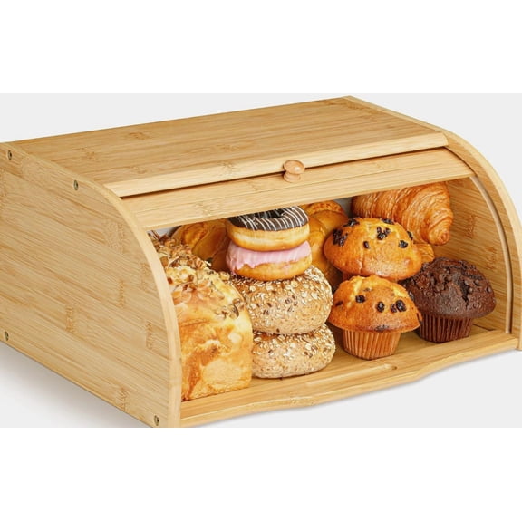 Bamboo Bread Box for Kitchen Countertop, Large Wooden Food Keeper W/Rolling Lid, Vintage Storage Bin 5.2 Pounds, Bamboo