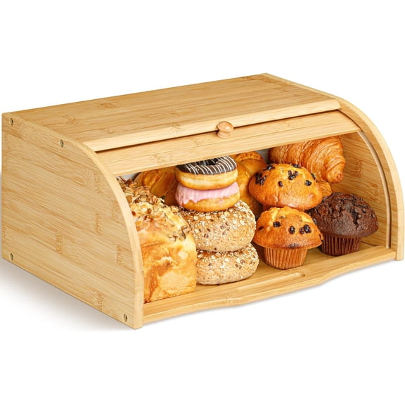 Bamboo Bread Box for Kitchen Countertop, Large Wooden Food Keeper W/Rolling Lid, Vintage Storage Bin for Bagels, Muffins, Cupcakes & Cookies