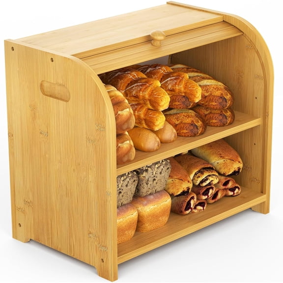 Bamboo Bread Box for Kitchen Countertop, Roll Top Bread Box for Homemade Bread, Double Layer Bread Storage Container