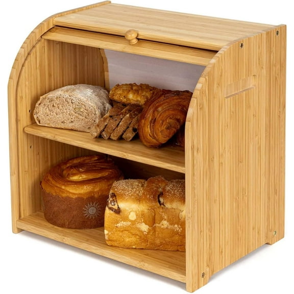 Bamboo Bread Box for Kitchen Countertop, Roll-top Breadbox Breads Storage Boxe with Adjustable Middle Shelf