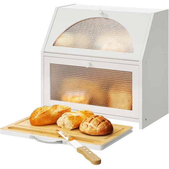 Bamboo Bread Box with Cutting Board, Double Layer Extra Large Bread Storage Bin with Door Panel for Kitchen Counter (White)