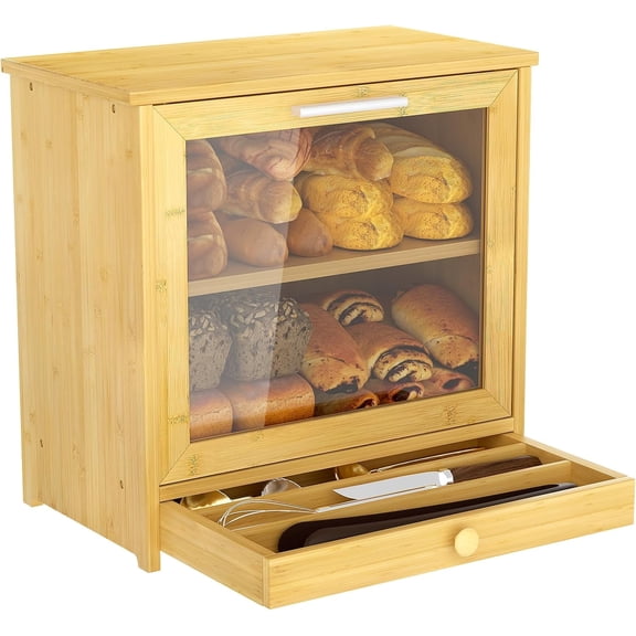 Bamboo Bread Box with Drawer, Double Layer Bread Box with Window, Large Capacity Wooden Bread Storage Container for Kitchen Countertop