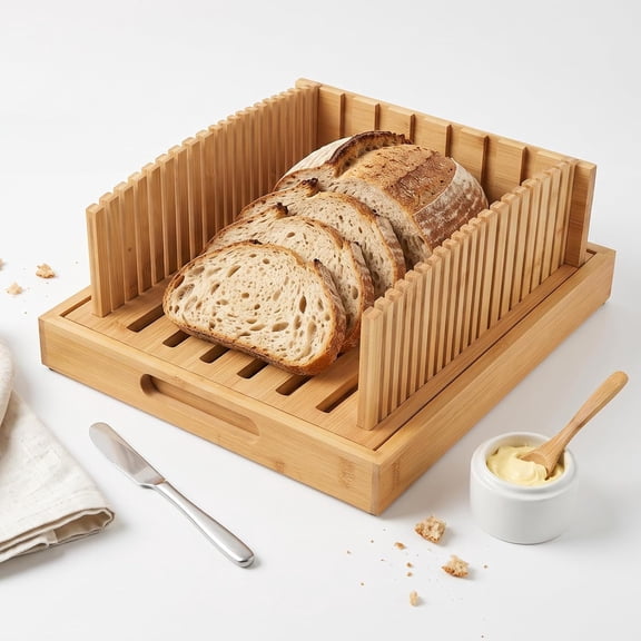 Bamboo Bread Slicer with Adjustable Guide, 10.5" Bread Cutting Board | Wooden Sourdough Cutter Guide with Crumb Catcher Tray, Extra Wide Bread Slicing Guide for Round Loaves, Sandwich Bread