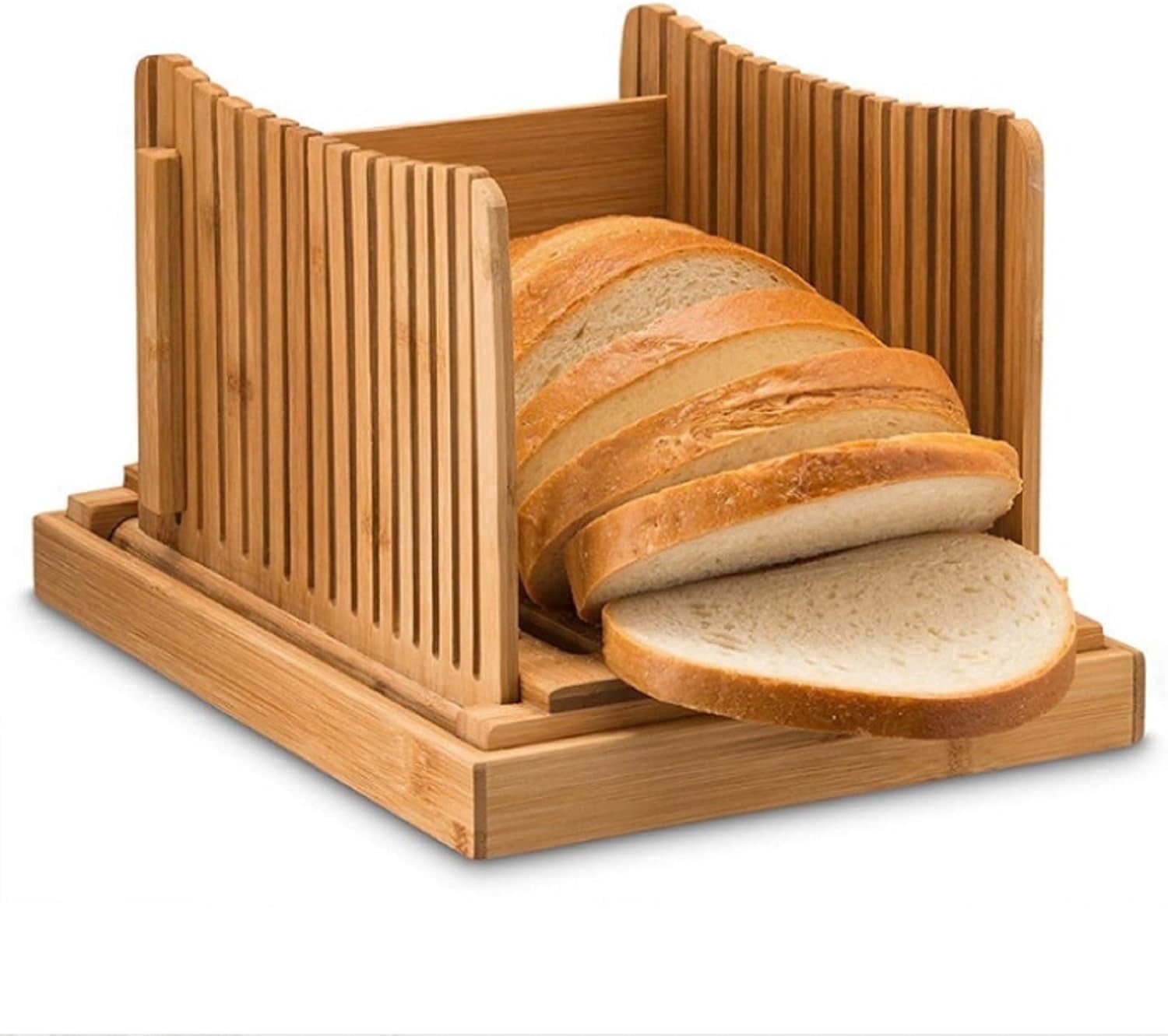 Bamboo Bread Slicer Adjustable Guide with 3 Thickness Size Foldable Compact Chopping Cutting Board with Crumb Tray Catcher Great for Homemade Bread, Cakes, Bagels
