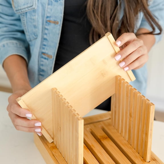 Bamboo Bread Slicer for Homemade & Store Bought Bread Crumb Catcher Tray. Adjustable Width Cutter for Sourdough, Round Artisan Boules, Loaf Sandwich Breads, Baguettes. Lightweight, Foldable, No Knife