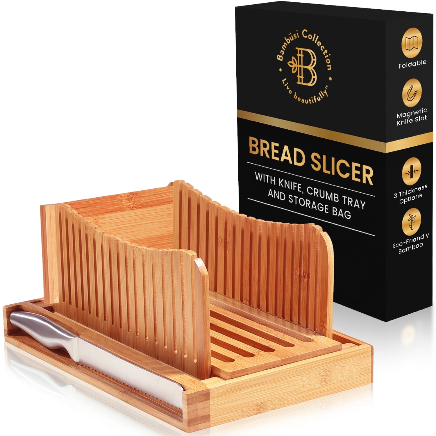Bread Slicer for Homemade Bread - Adjustable Bamboo Bread Cutter with Knife, Foldable Slicing Guide and Crumb Tray - Compact Loaf Slicer for Sourdough, Bagels, Cakes, and Loaves - Kitchen Baking Tool